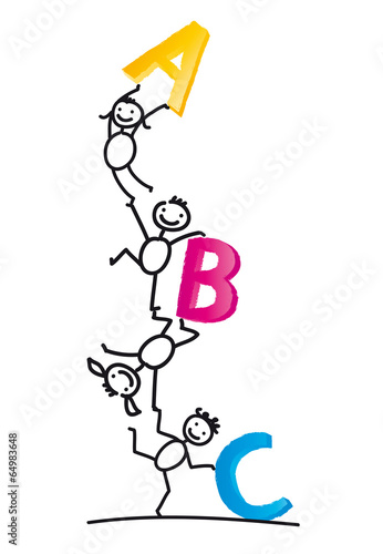 ABC - Fröhliche Kinder - Back to school, Freude am Lesen lernen und in die Schule gehen, Schulbeginn und die Einschulung mit der ganzen Familie feiern, Vektor, isoliert