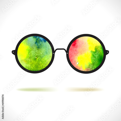 Sun glasses with reflection of colorful watercolor spots