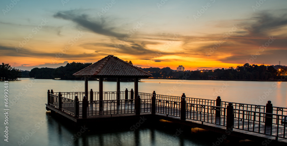 Water gazebo and sunset at a lake in Putrajaya, Malaysia