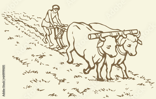 Vector drawing. Primitive agriculture. Peasant treated field