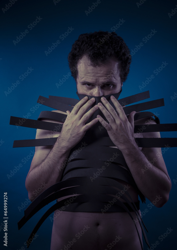 Poster Bdsm, man covered with black strips, shibari concept art – Wall