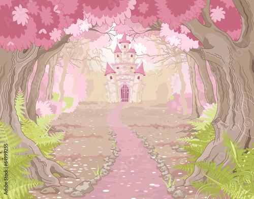 Obraz droga przez las do zamku księżniczki