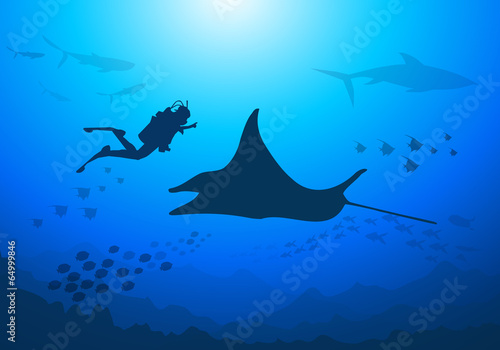 Manta,Diver under the Sea-Vector