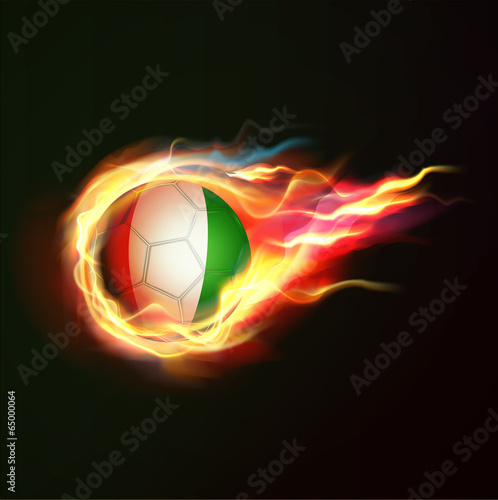 Ivory Coast flag with flying soccer ball on fire isolated