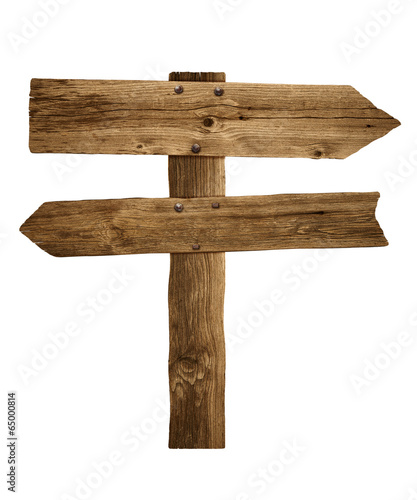 Wooden arrow sign post or road signpost