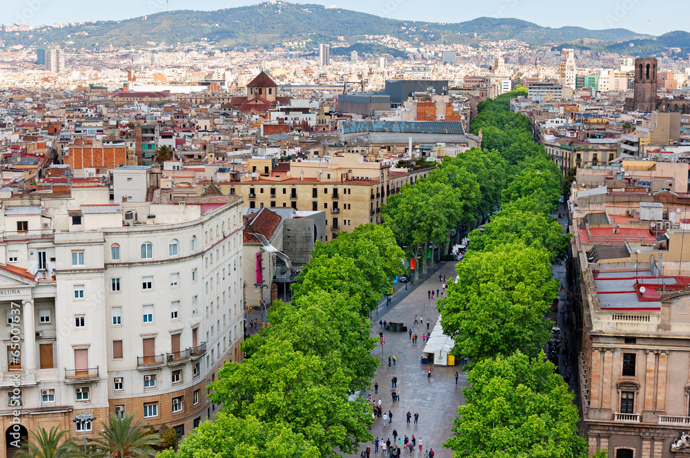Las Ramblas of Barcelona, Aerial view - obrazy, fototapety, plakaty 