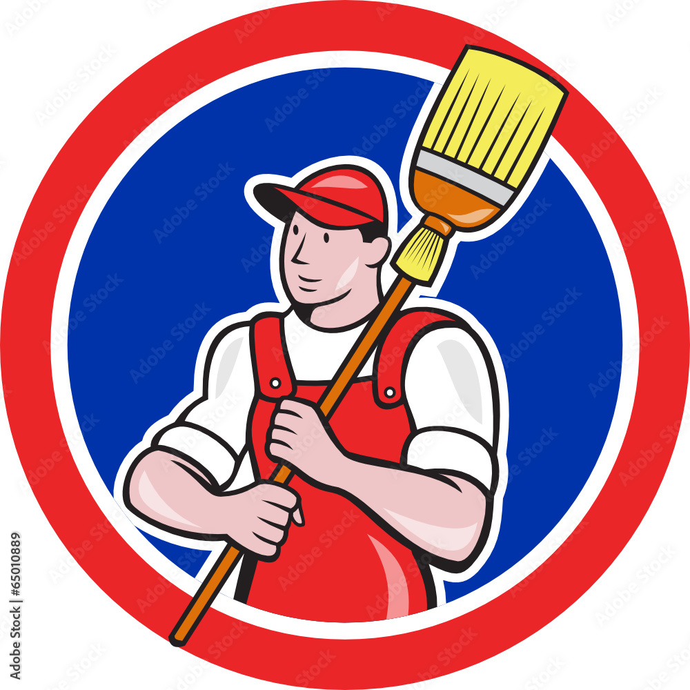 Janitor Cleaner Holding Broom Circle Cartoon Janitor Cleaner Holding Broom Circle Cartoon