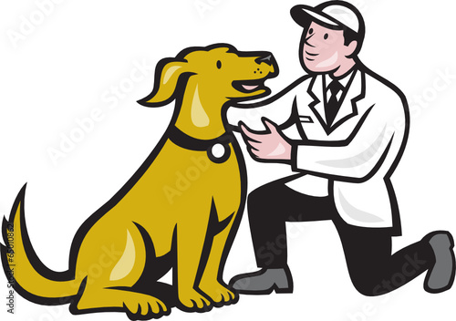 Veterinarian Vet Kneeling With Pet Dog Cartoon