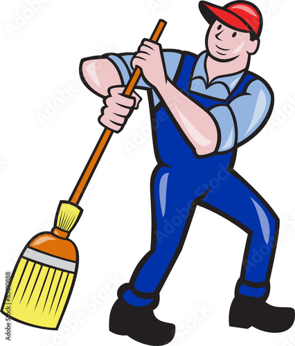 Janitor Cleaner Holding Mop Bucket Cartoon