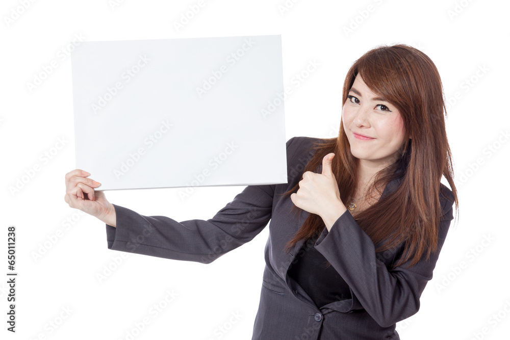 Asian businesswoman thumbs-up with a blank sign Asian businesswoman thumbs-up with a blank sign