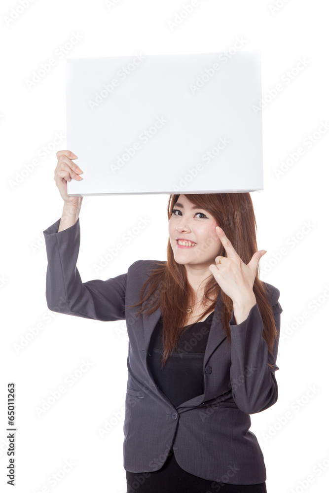 Asian businesswoman point to a blank sign over head Asian businesswoman point to a blank sign over head