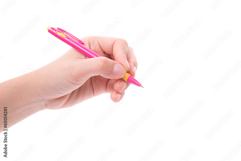 hand holding Pink pen on white background hand holding Pink pen on white background