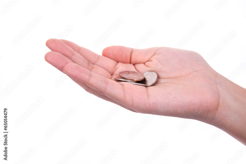 woman's hand holding Thai coins isolated on white woman's hand holding Thai coins isolated on white
