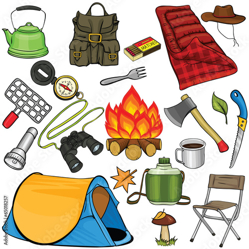 Set of camping gear in cartoon style