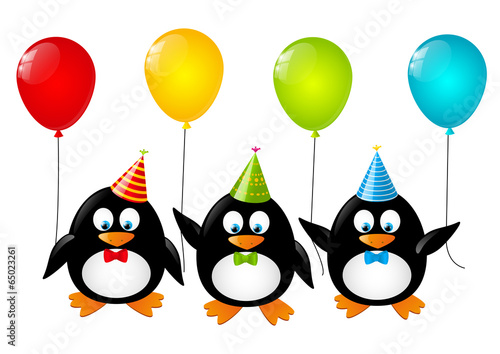 Funny penguins with color balloons