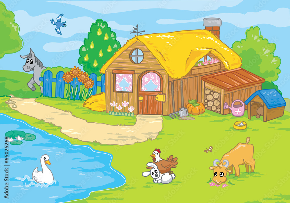 Obraz premium Kreskówka farma i urocze zwierzęta dla dzieci