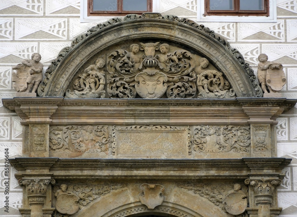 Decorated stone front face of historic building