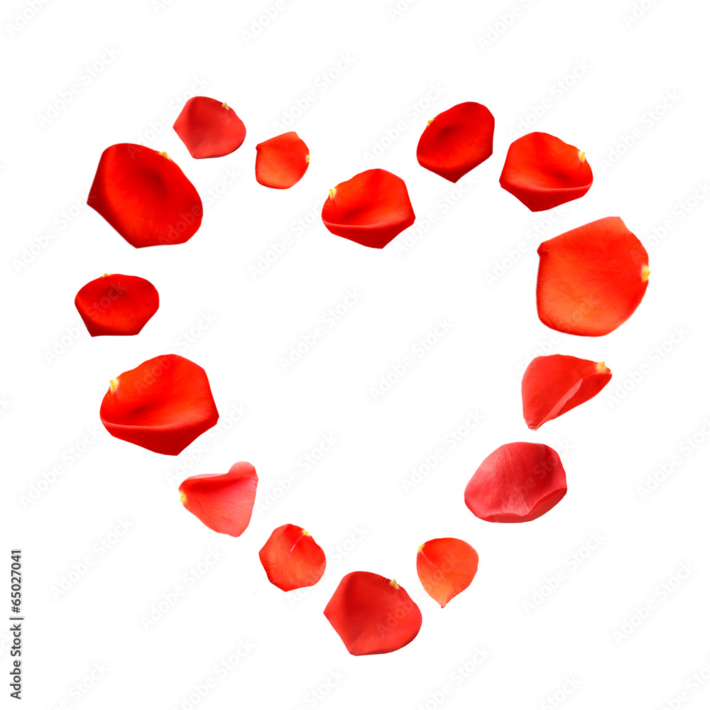 Beautiful red rose petals in shape of heart, isolated on white Beautiful red rose petals in shape of heart, isolated on white