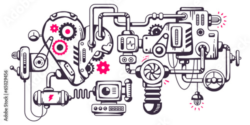 Vector industrial illustration background of the operating mecha