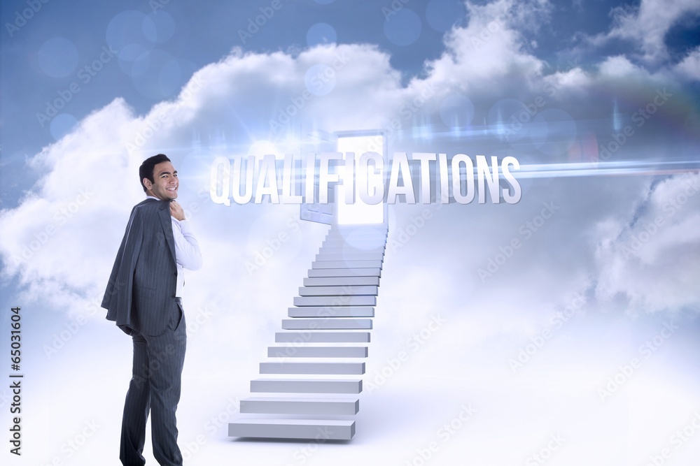Qualifications against open door at top of stairs in the sky Qualifications against open door at top of stairs in the sky