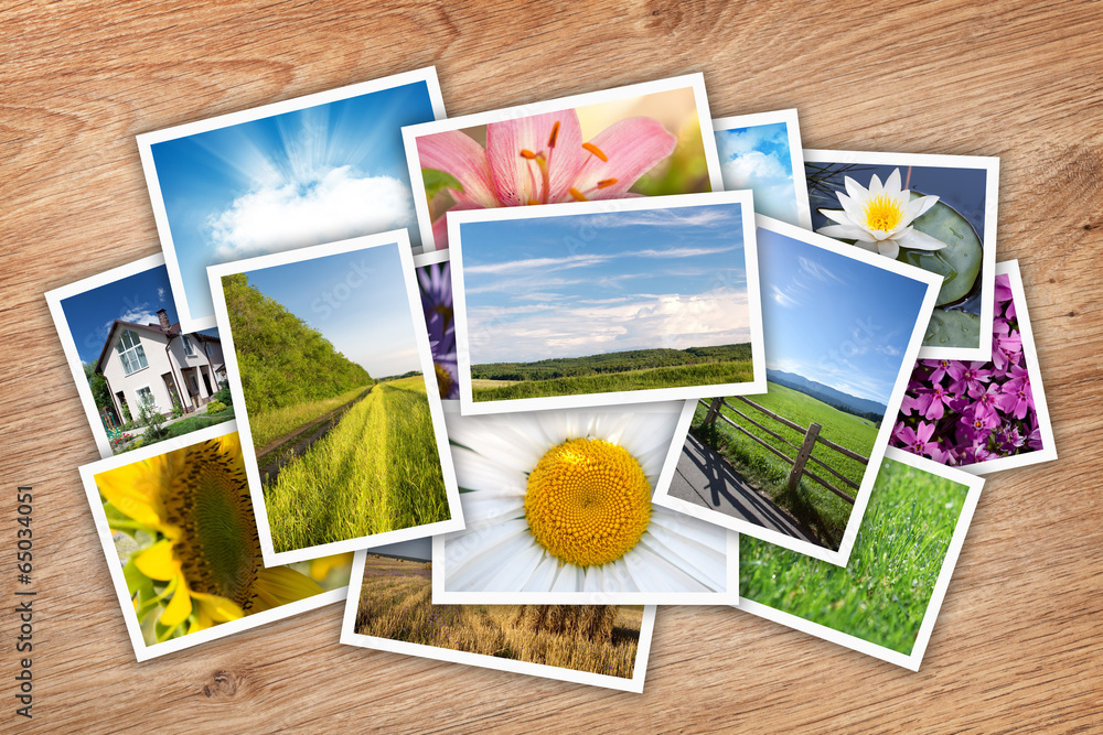 Fototapeta premium Stack of printed pictures collage