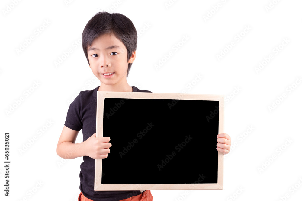 Smiling boy holding a blackboard over white background Smiling boy holding a blackboard over white background