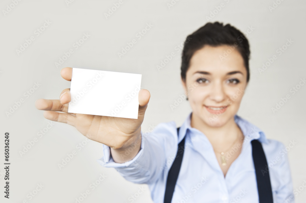 business woman showing business card business woman showing business card