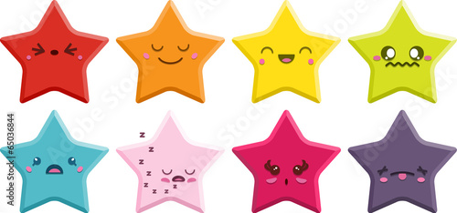 Set of 8 super cute Kawaii stars with different expressions.