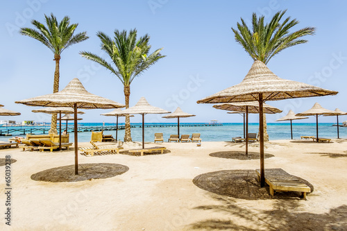 Sandy beaches with parasols on the Red sea in Egipt, Hurghada