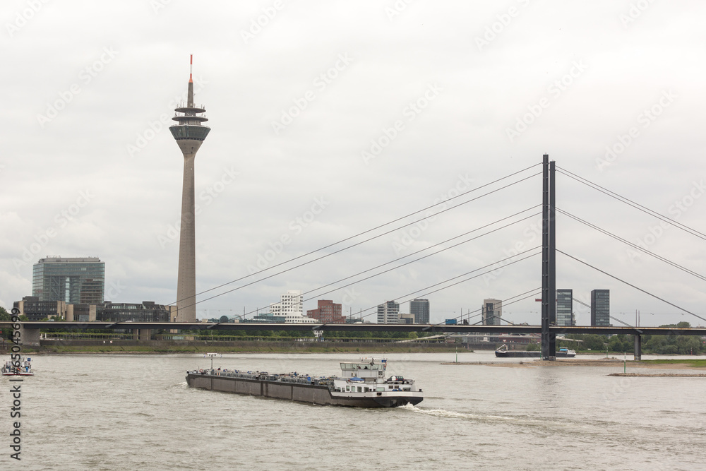 Cargo Barge on Rhine River in Dusseldorf