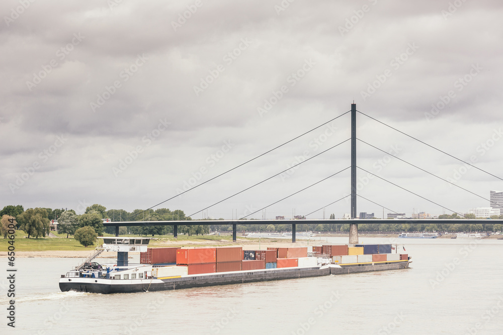 Cargo Barge on Rhine River in Dusseldorf