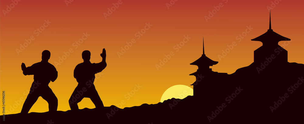 Illustration, men are engaged in karate on a yellow background Illustration, men are engaged in karate on a yellow background