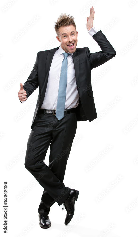 Full-length portrait of businessman setting against something Full-length portrait of businessman setting against something