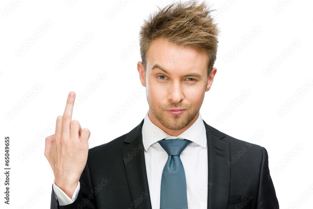 Portrait of businessman showing obscene gesture Portrait of businessman showing obscene gesture