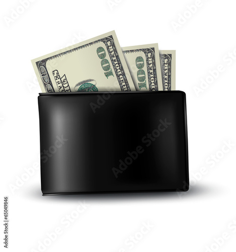 Black leather wallet with money. Vector.