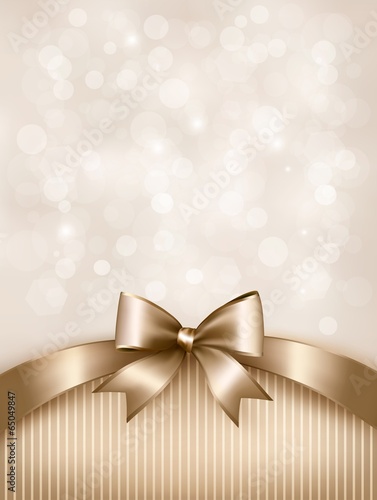 Holiday gold background with gift glossy bow and ribbon. Vector