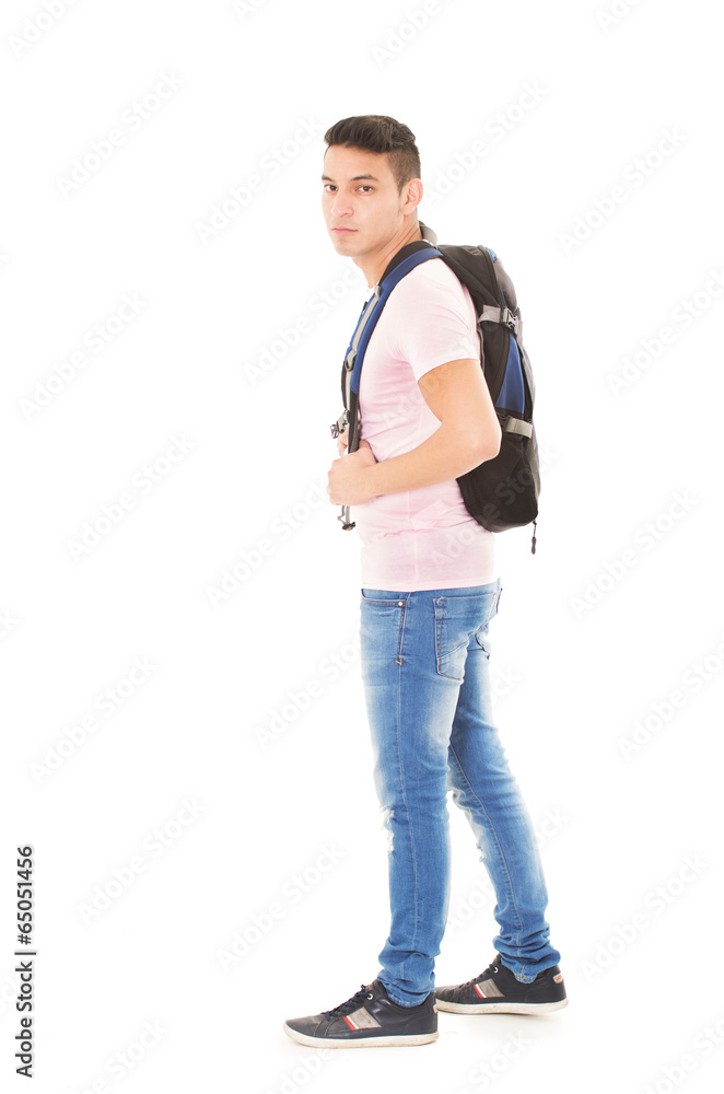 Fototapeta premium student wearing a backpack on white background