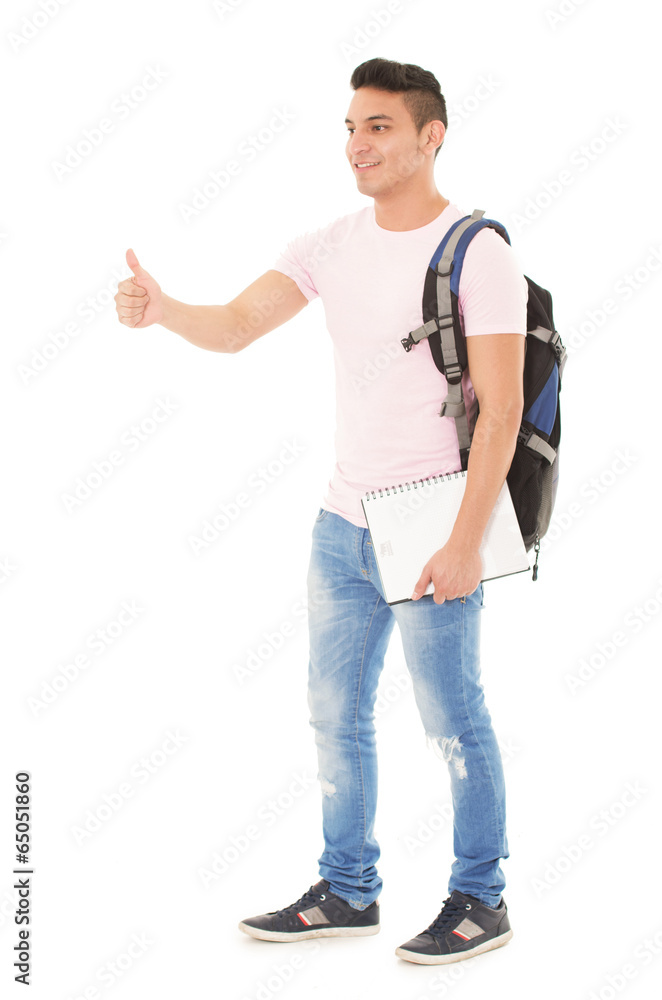 student wearing a backpack on white background student wearing a backpack on white background