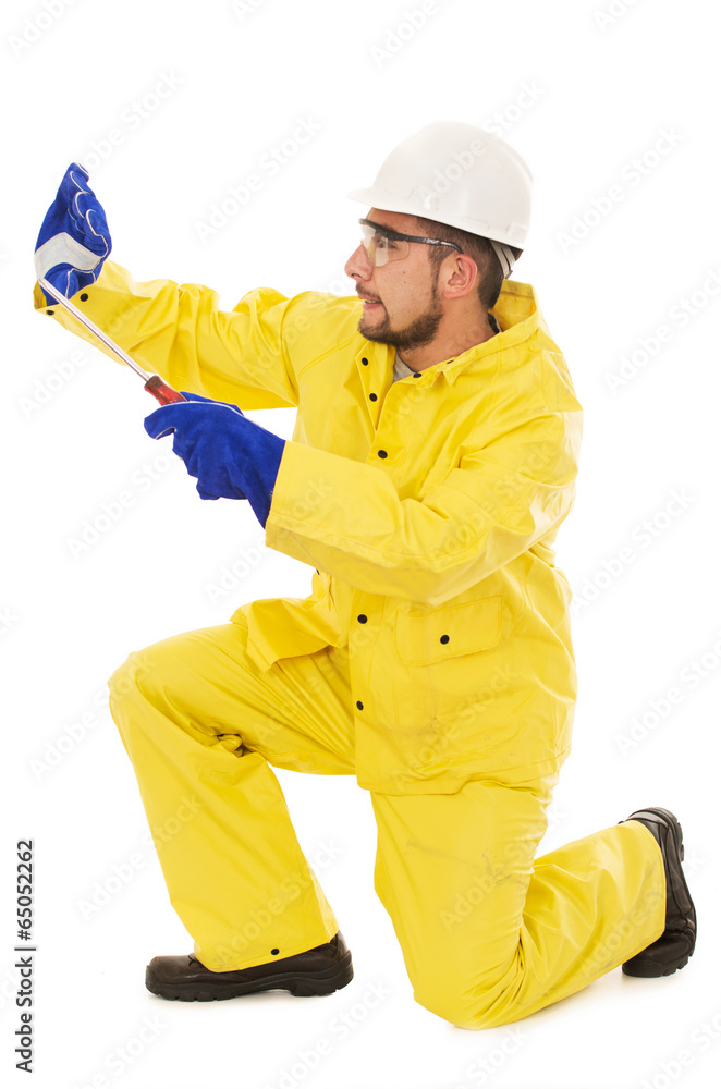 man with screwdriver protective suit man with screwdriver protective suit