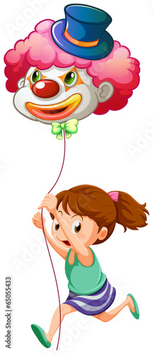A young girl running with a clown balloon