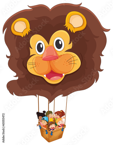 A lion floating balloon with kids