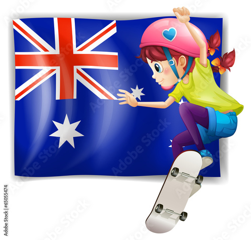 A girl skateboarding in front of the Australian flag