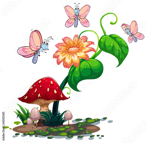 A blooming flower surrounded with three butterflies