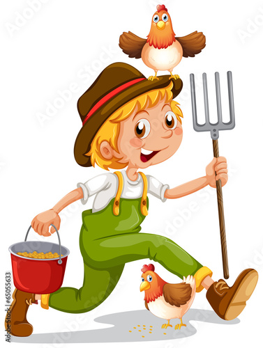 A happy boy holding a pail and a rake