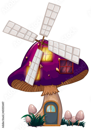 A mushroom house with a windmill