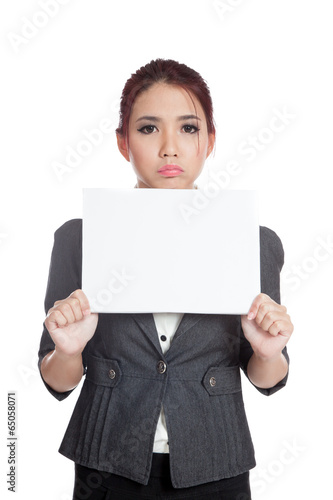 Asian businesswoman boring hold a blank sign