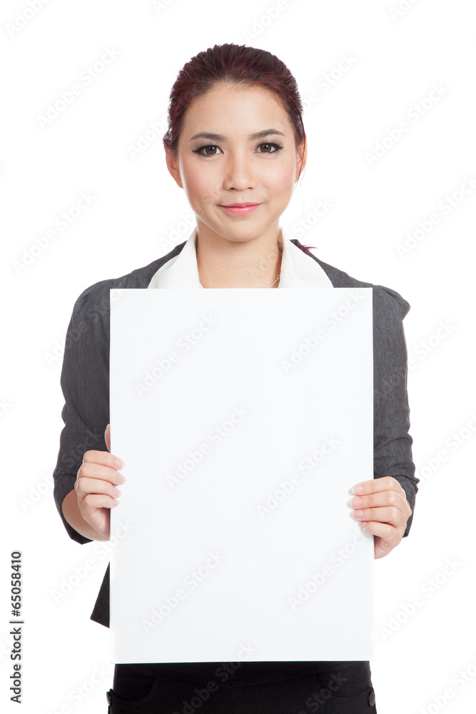 Asian businesswoman hold a vertical blank sign Asian businesswoman hold a vertical blank sign