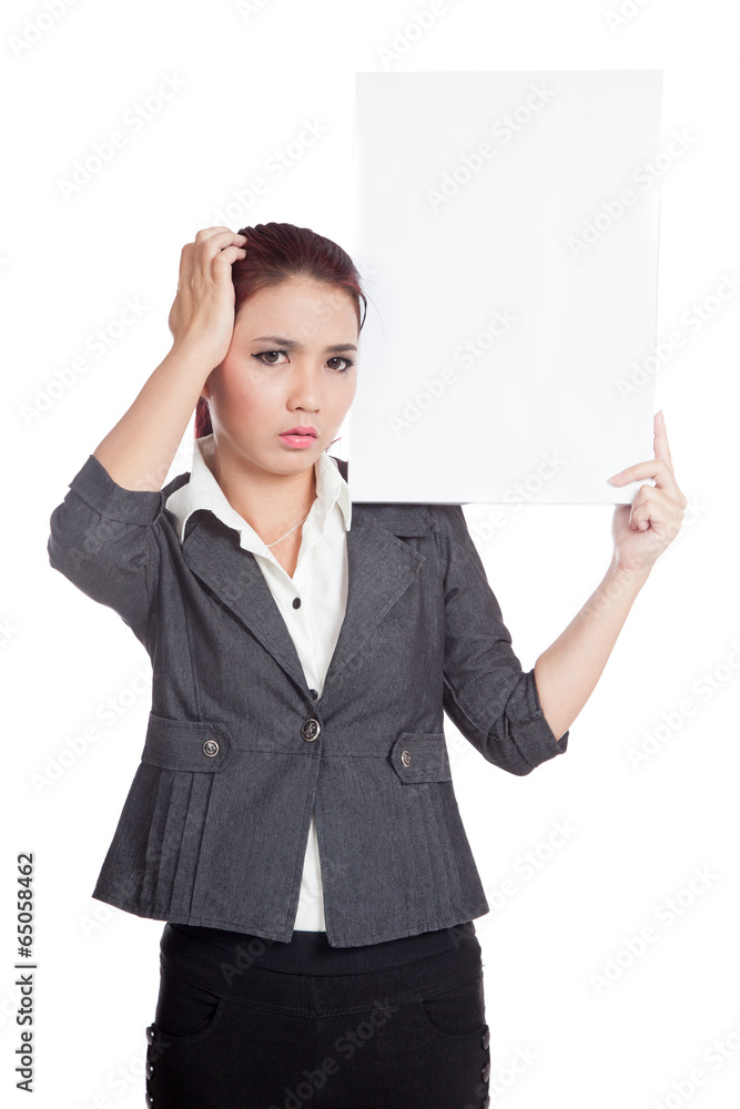 Asian businesswoman headache hold a vertical blank sign Asian businesswoman headache hold a vertical blank sign