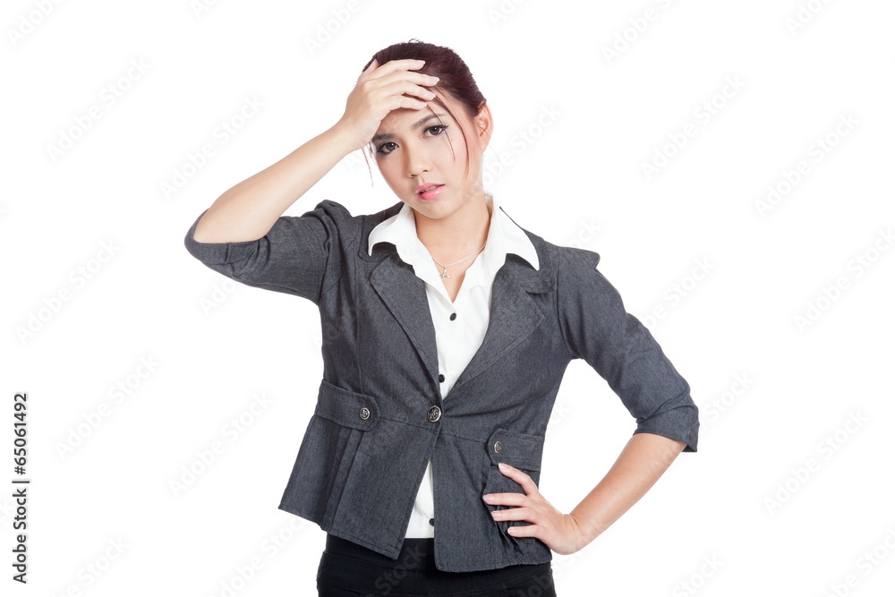Asian office girl headache put palm to forehead Asian office girl headache put palm to forehead