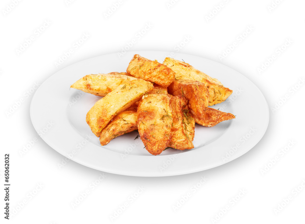 Delicious fried potatoes with dill. Food isolated on white Delicious fried potatoes with dill. Food isolated on white